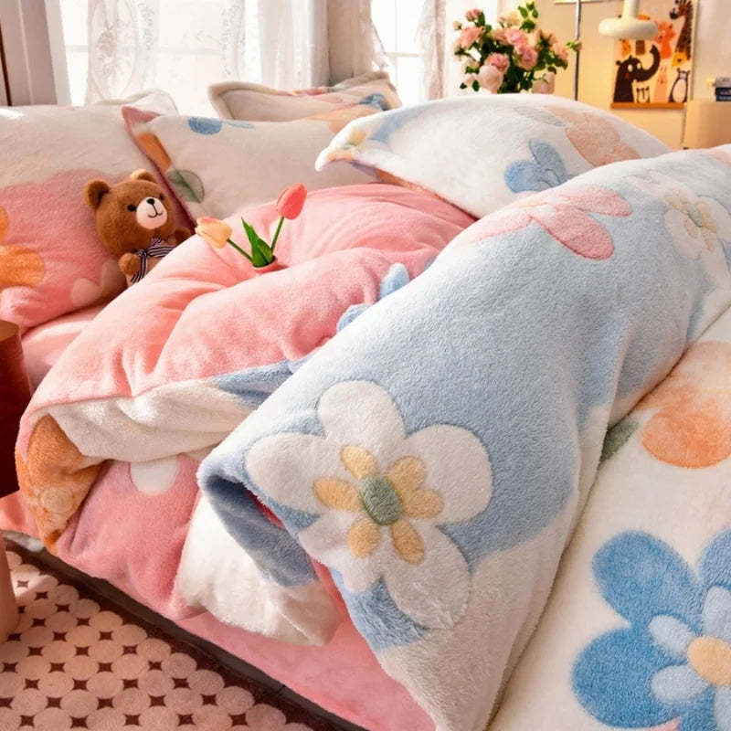 1pc Snowflake Fleece Duvet Cover Thick Warm Milk-fleece Quilt Cover for Winter Kids Full Heart Flower Elk Print Drop Shipping