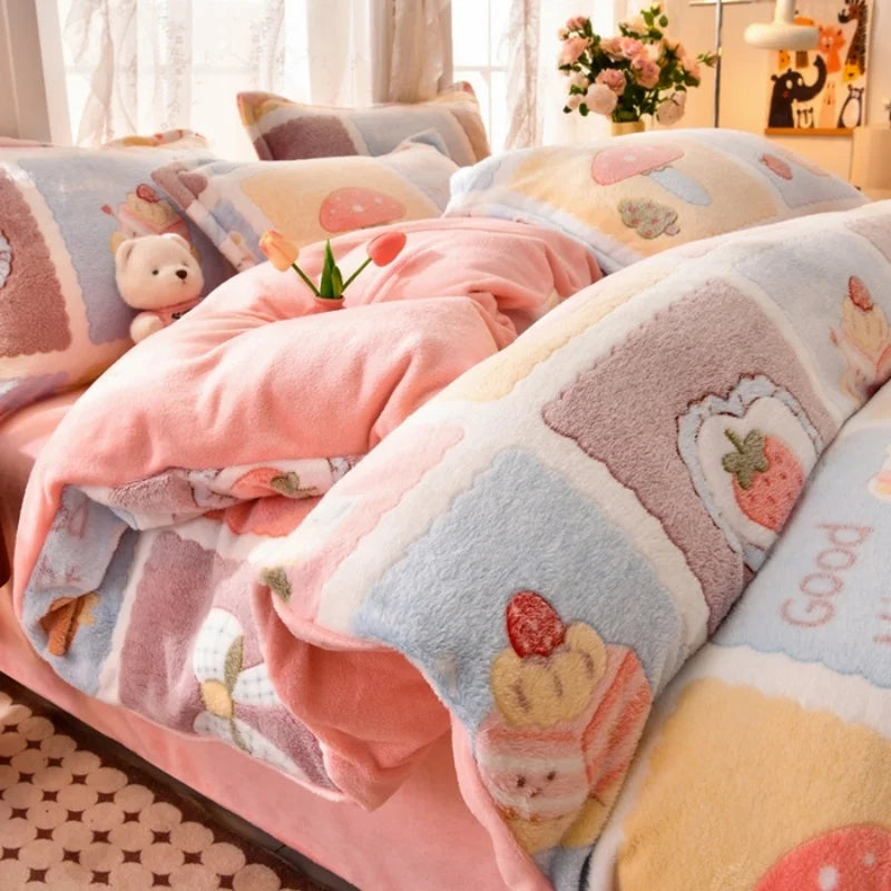 1pc Snowflake Fleece Duvet Cover Thick Warm Milk-fleece Quilt Cover for Winter Kids Full Heart Flower Elk Print Drop Shipping